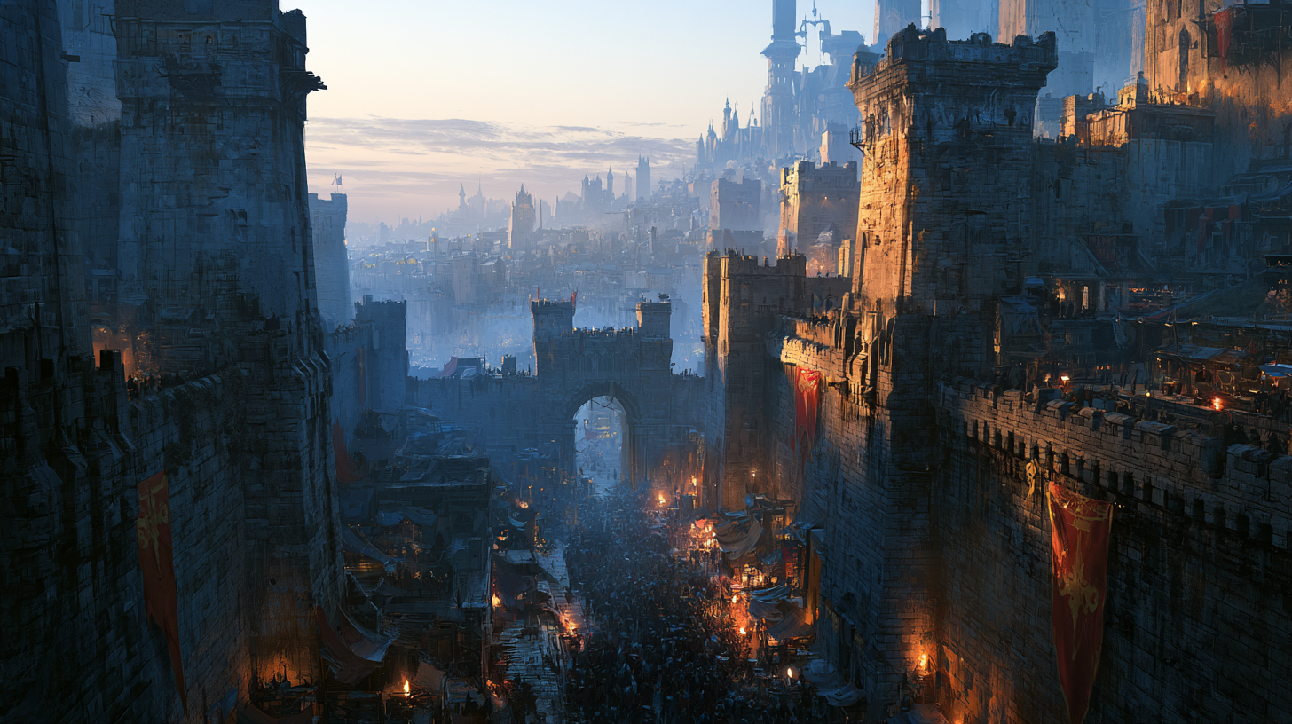 Edrath, una ciudad amurallada y estratificada al atardecer, con un mercado bullicioso en sus calles bajas