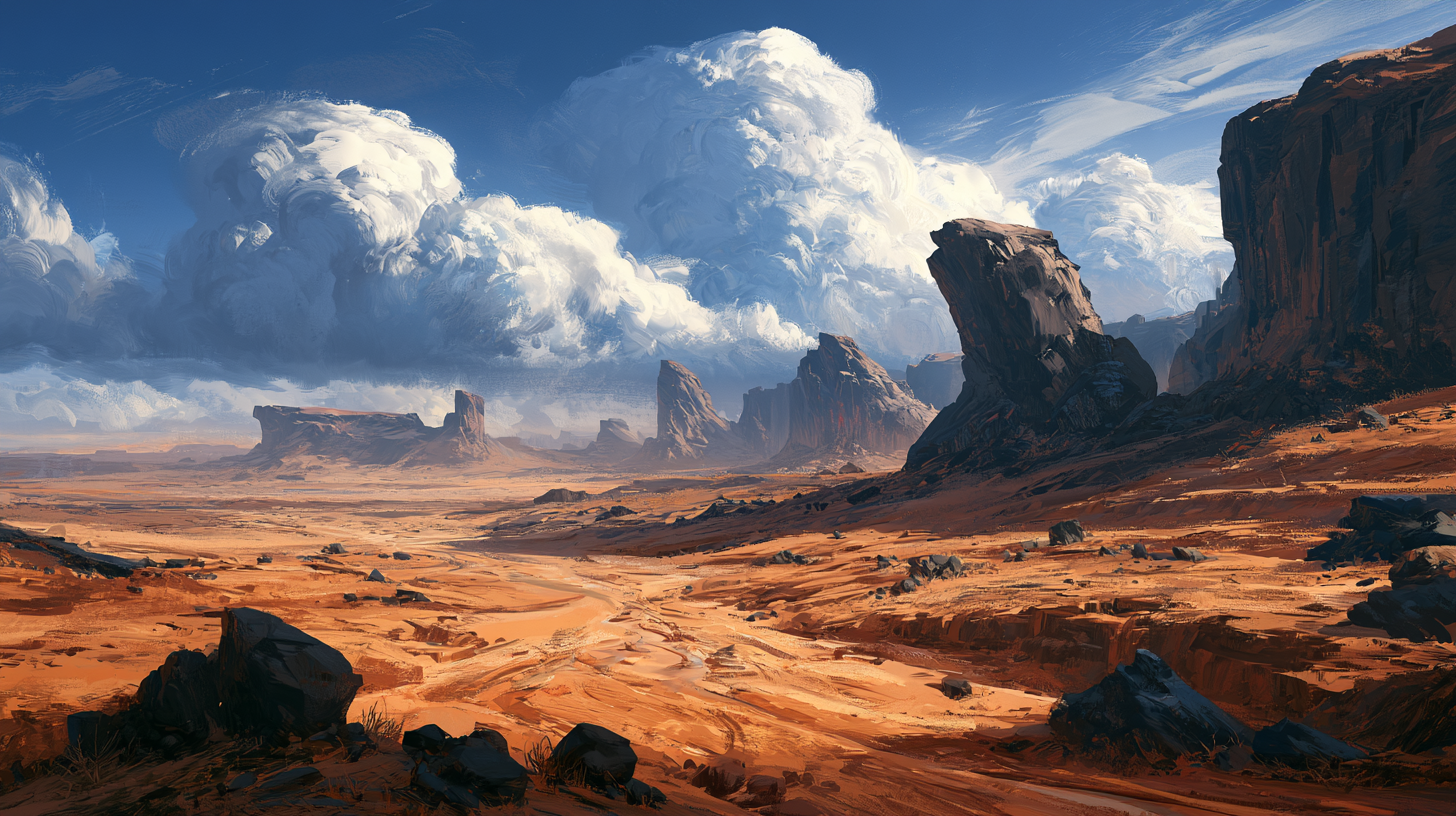 Sahraem, un desierto árido de formaciones rocosas bajo un cielo de nubes densas