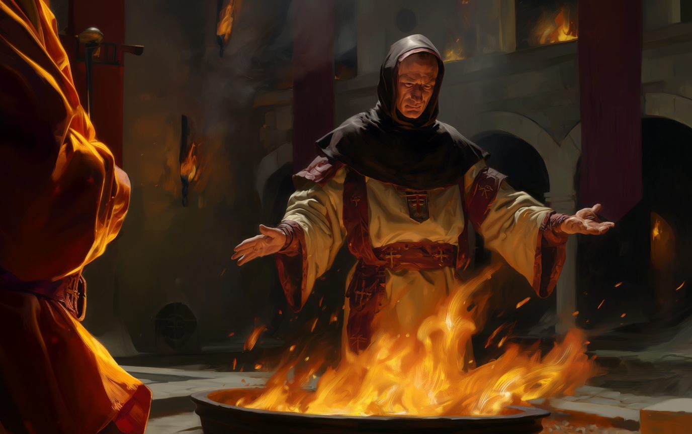 Sacerdote de la Iglesia de la Última Llama purificando con fuego